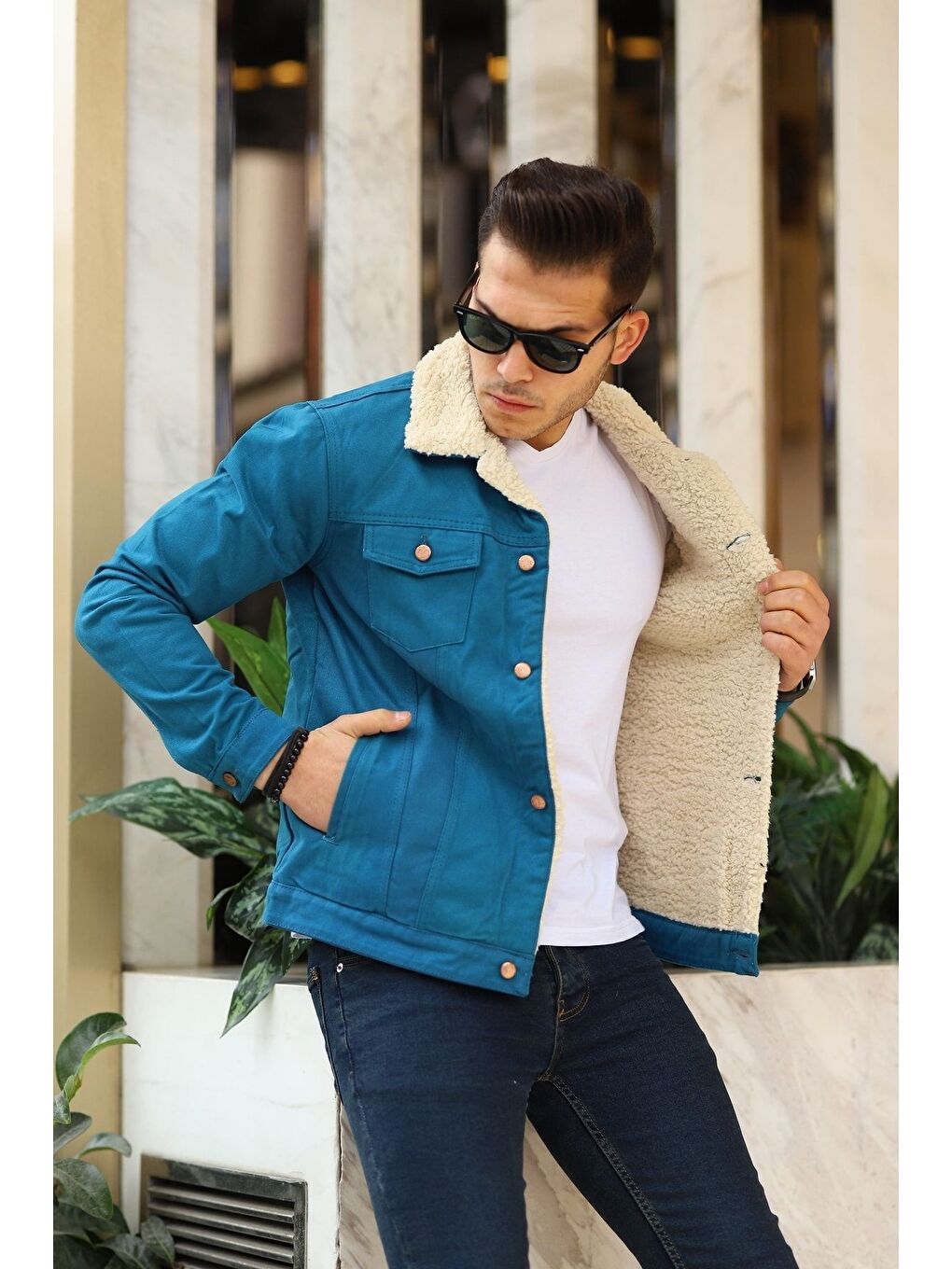 Erkek Trend Kışlık Içi Kürklü Jean Ceket Bej Açık Mavi