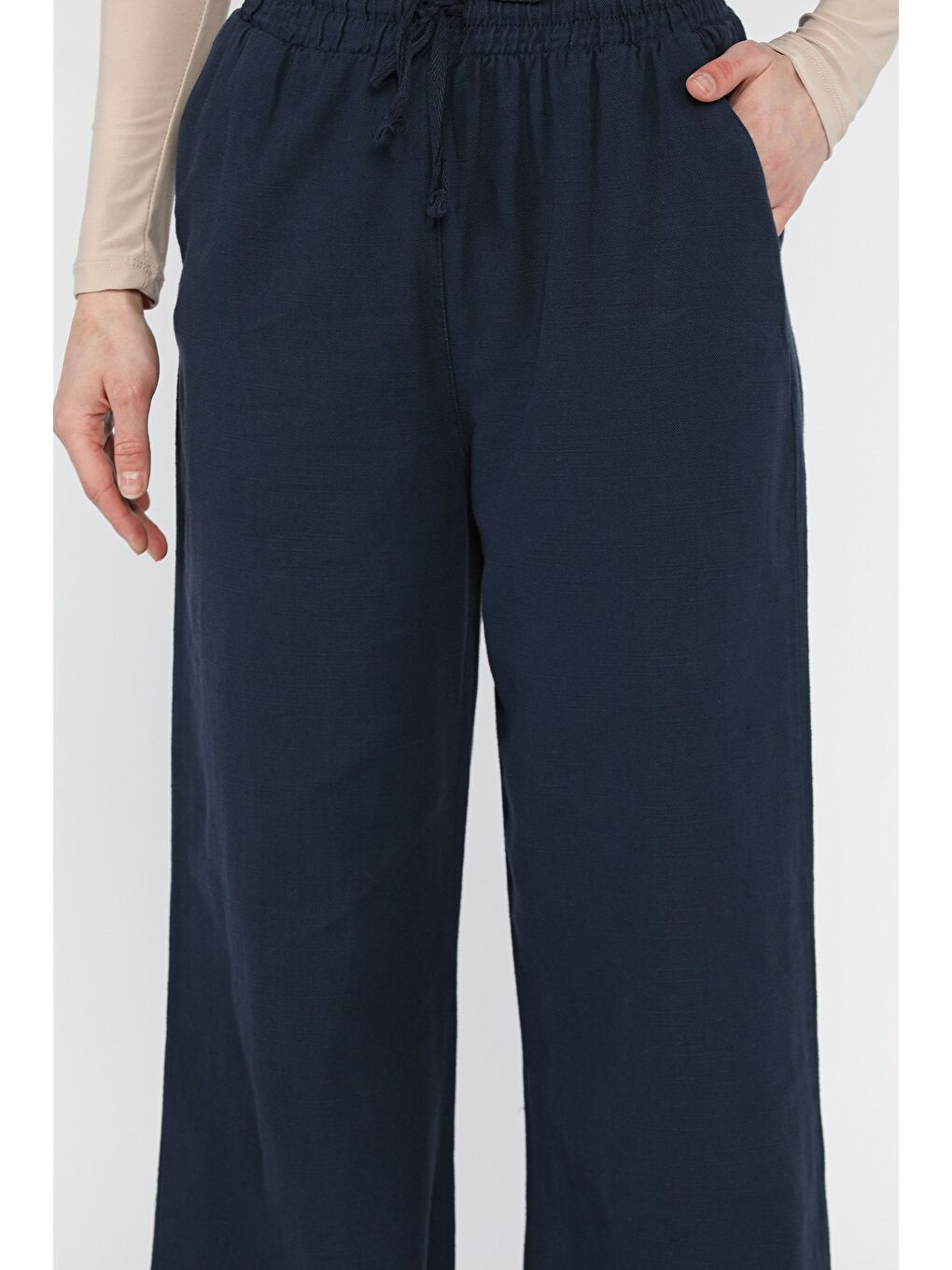 Lacivert Kadın Yüksek Bel Palazzo Keten Pantolon-3