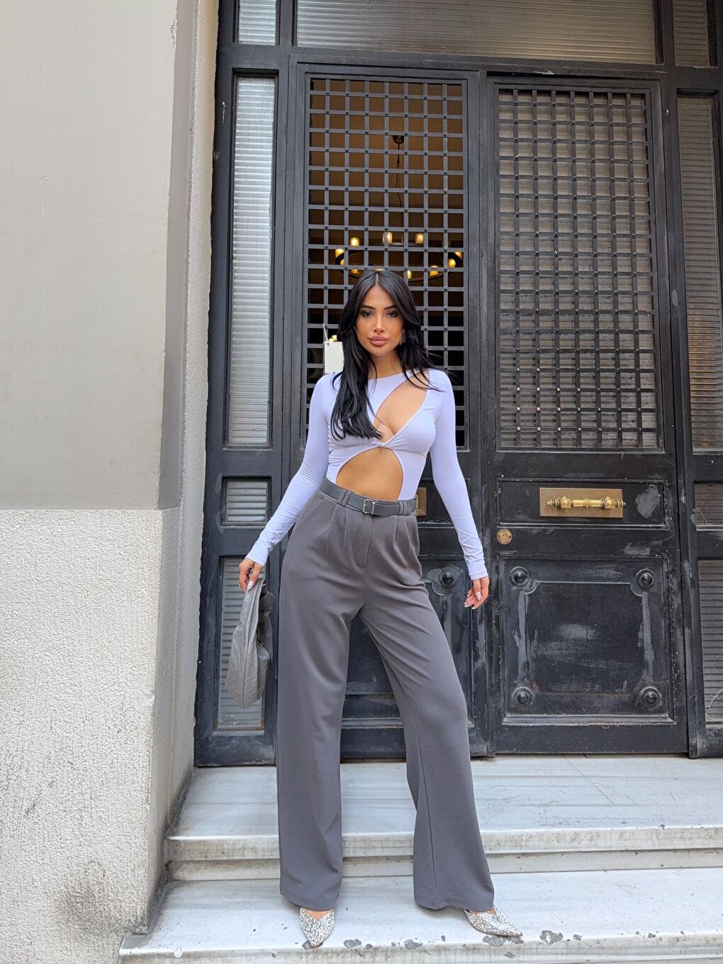 Gri Kemerli Çift Pile Detay Palazzo Pantolon-1