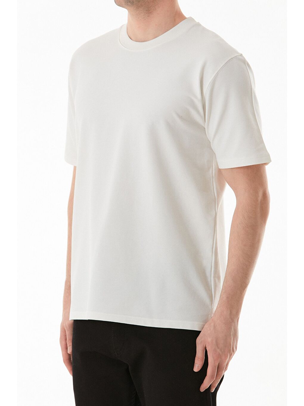 Ekru Basic Bisiklet Yaka Tişört-4