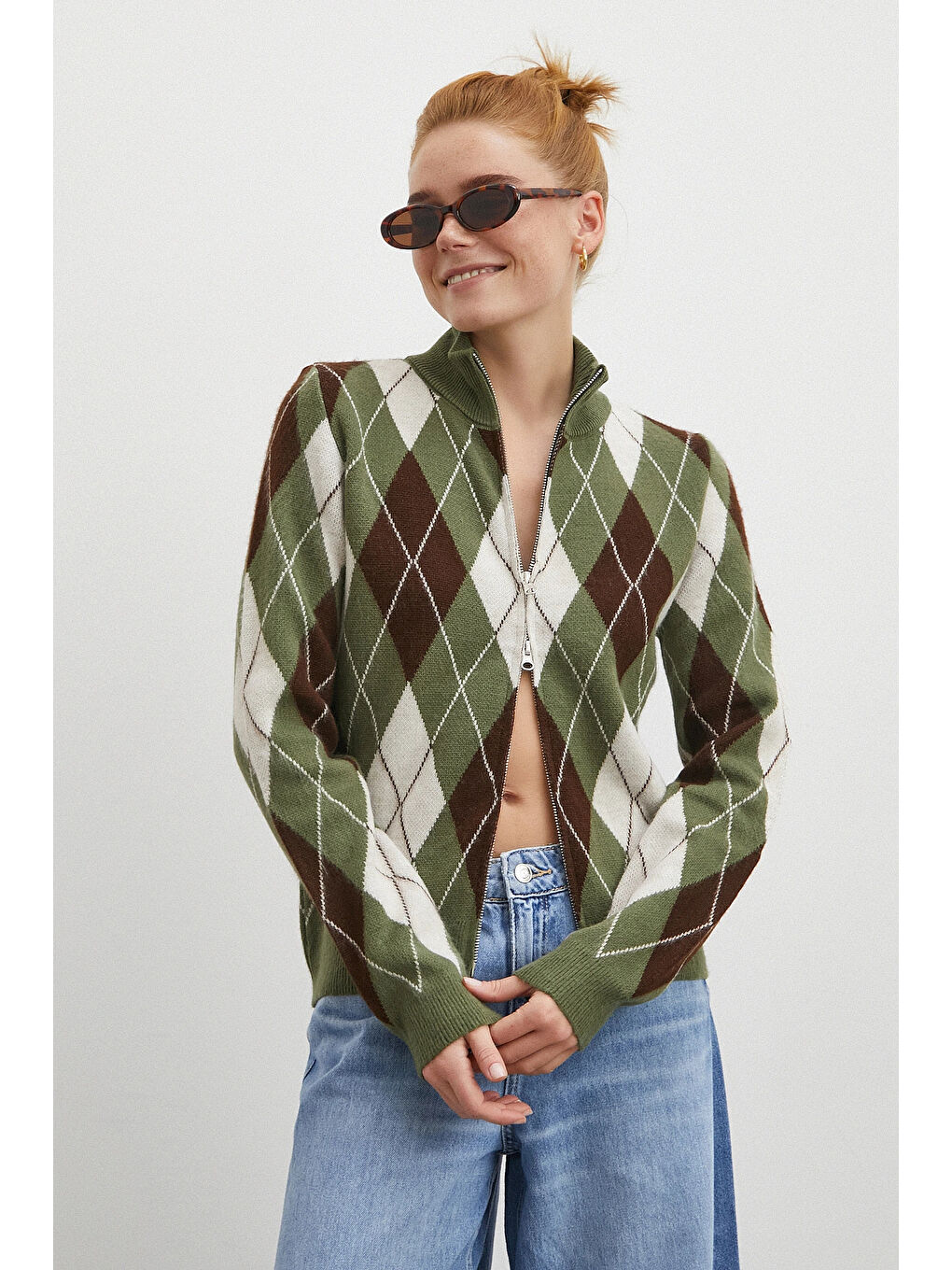 Fermuarlı Baklava Desen Kazak Yeşil-2