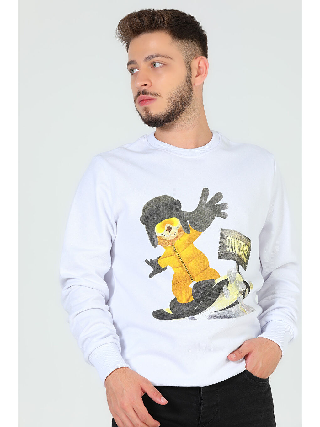 Mishar İtalia Beyaz Erkek Bisiklet Yaka Baskılı Sweatshirt