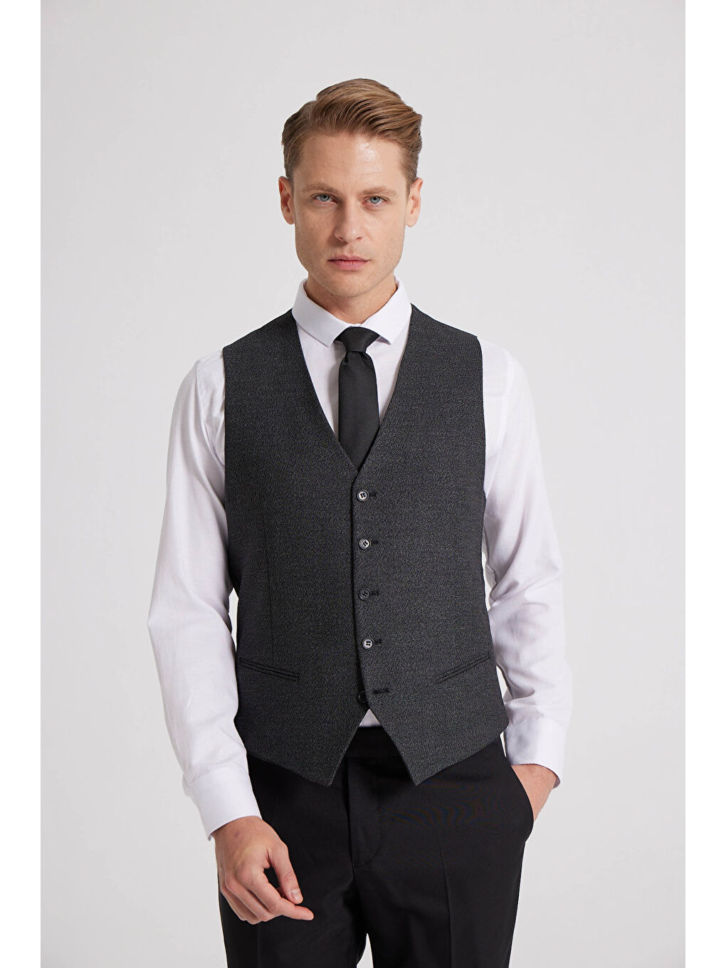 Slim Fit Siyah Düz Mono Yaka Tek Yırtmaçlı Astarlı Takim Elbise Kombinli-3