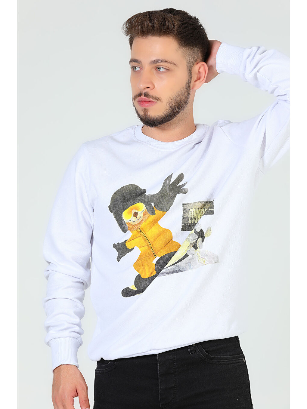 Mishar İtalia Beyaz Erkek Bisiklet Yaka Baskılı Sweatshirt - 1