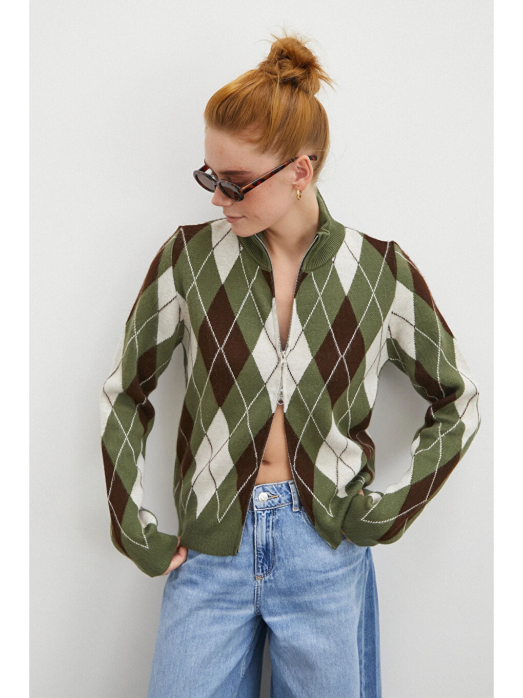 Fermuarlı Baklava Desen Kazak Yeşil-3