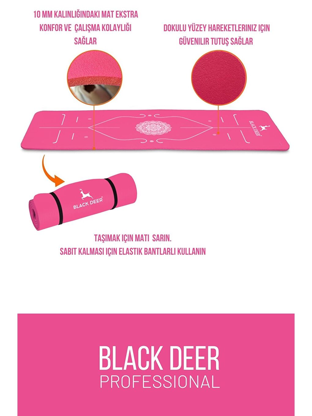 Black Deer Pembe Hizalamalı Yoga Pilates Esneme Matı Egzersiz Minderi 180x55 cm 10 mm - 1