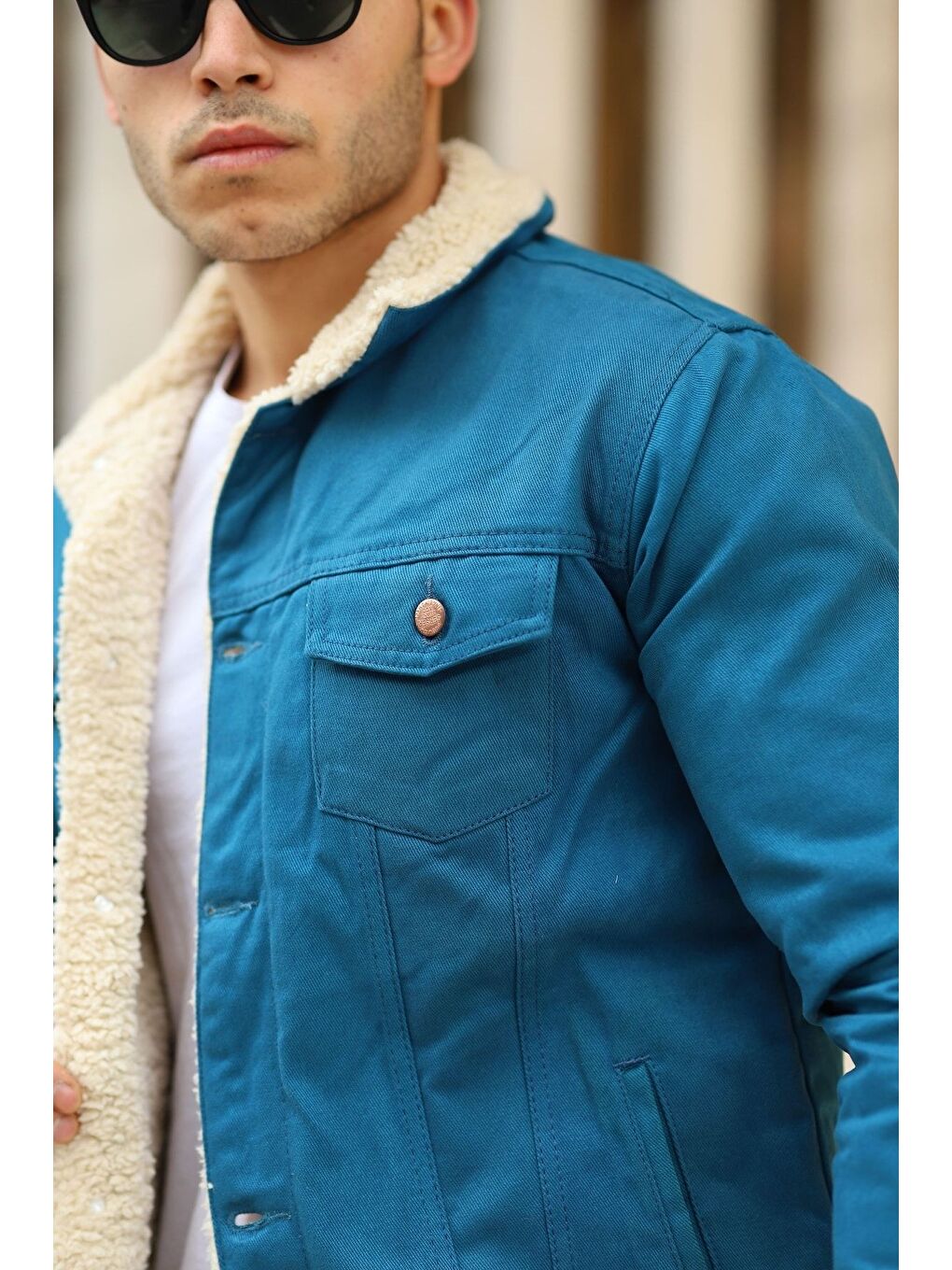 Erkek Trend Kışlık Içi Kürklü Jean Ceket Bej Açık Mavi-1