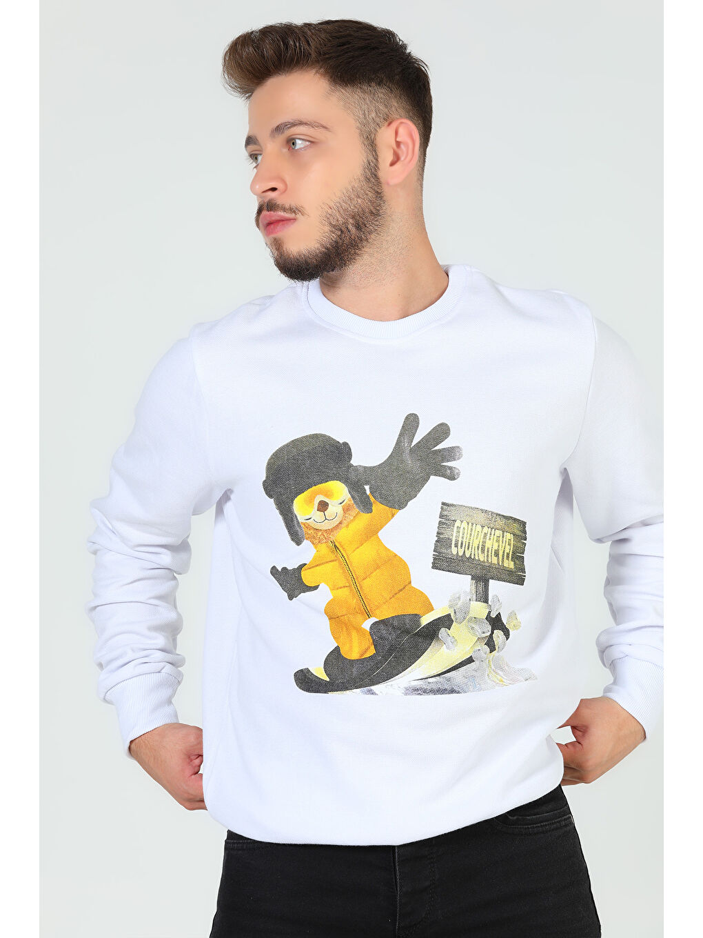 Mishar İtalia Beyaz Erkek Bisiklet Yaka Baskılı Sweatshirt - 2