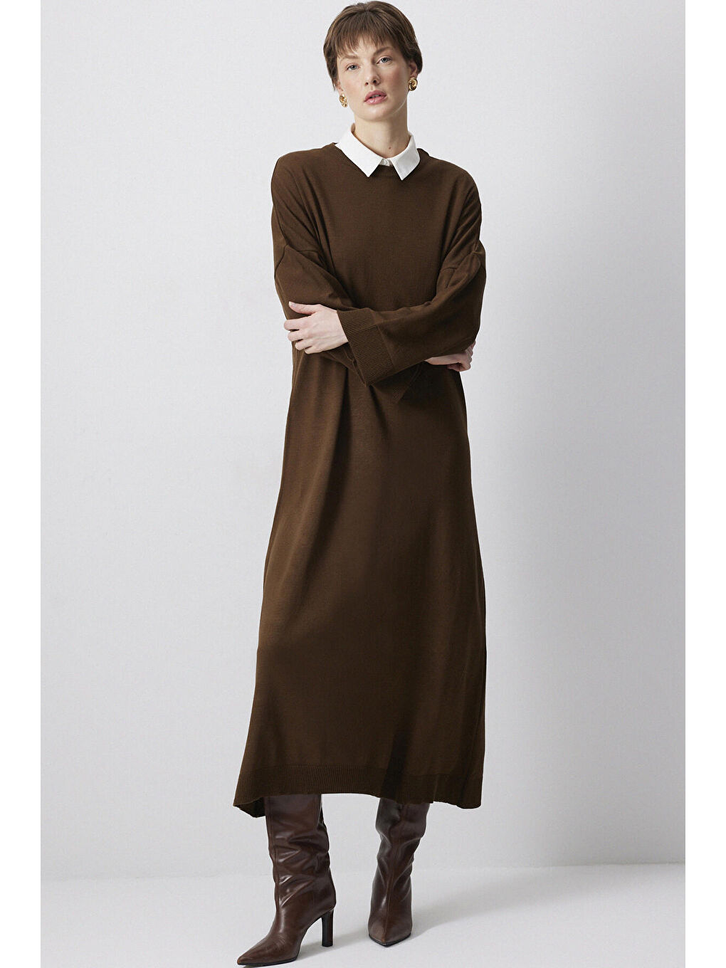 Kahverengi Oversıze Triko Elbise-2