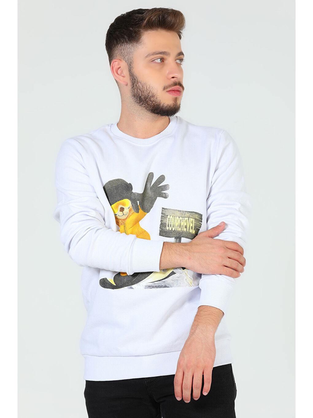 Mishar İtalia Beyaz Erkek Bisiklet Yaka Baskılı Sweatshirt - 4