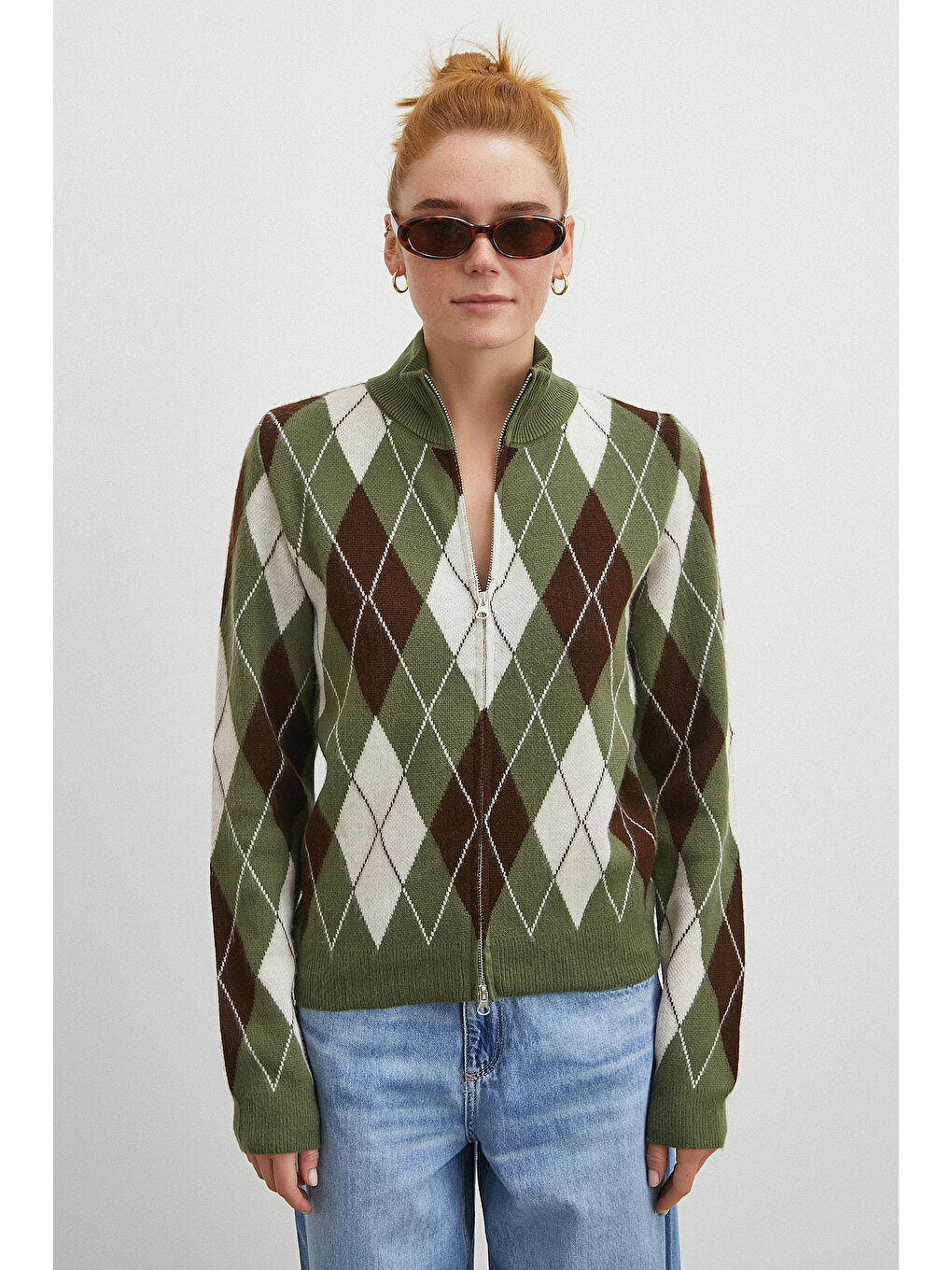 Fermuarlı Baklava Desen Kazak Yeşil-4