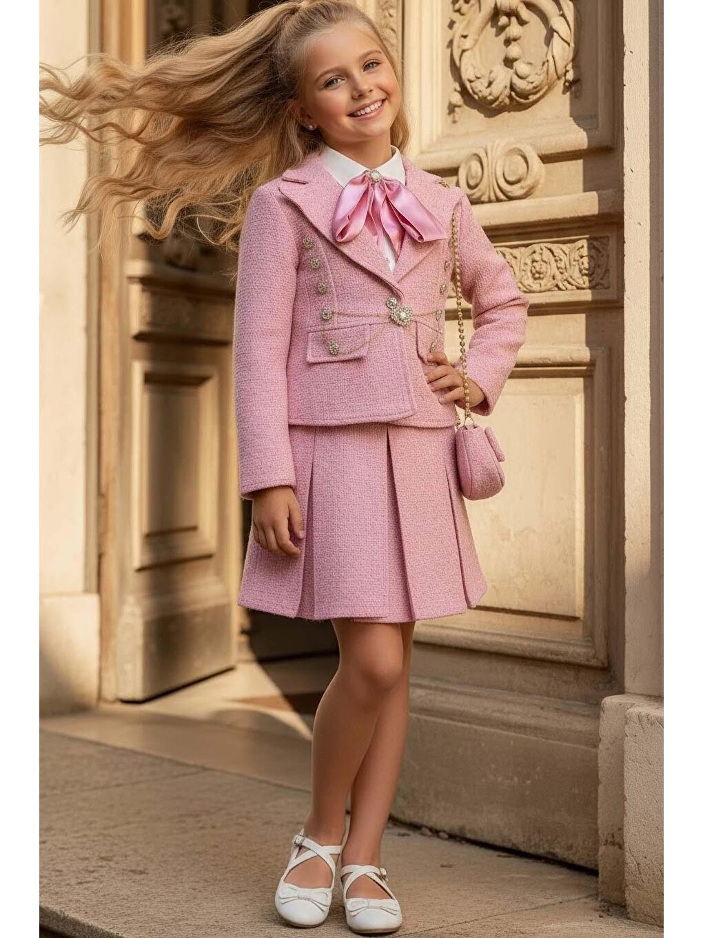 Kız Çocuk Yakası Fular Detaylı Gömlek, Çizik ve İnci Taş Düğmeli Şanel Pembe Etekli Takım-1