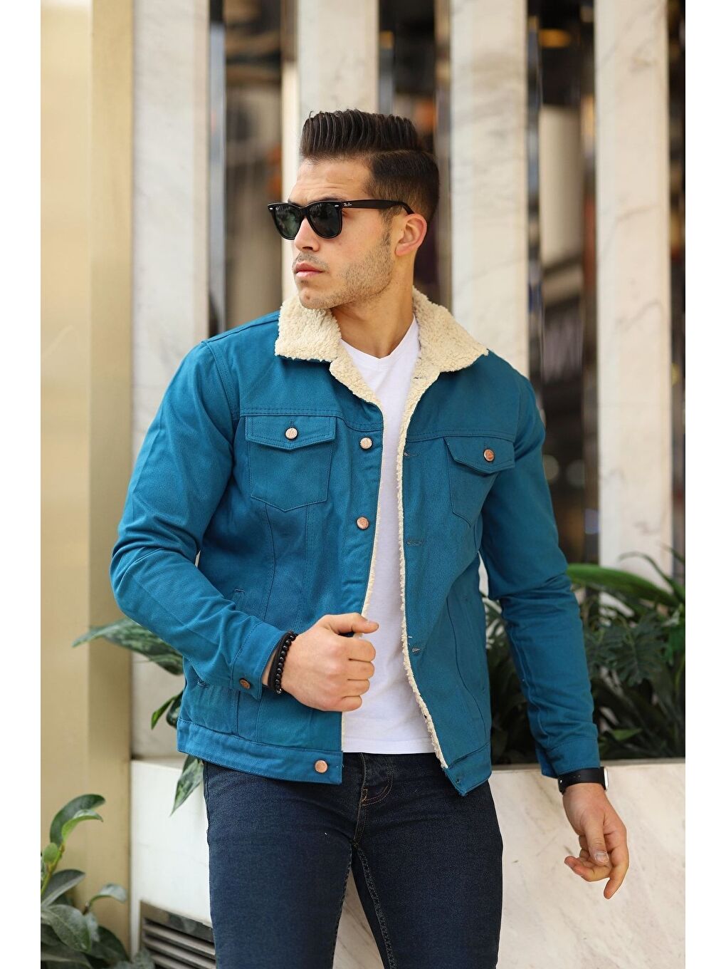 Erkek Trend Kışlık Içi Kürklü Jean Ceket Bej Açık Mavi-2