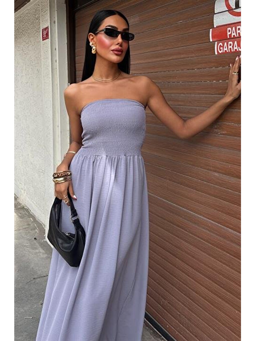 Gri Göğsü Gipeli Straplez Elbise 2878-7