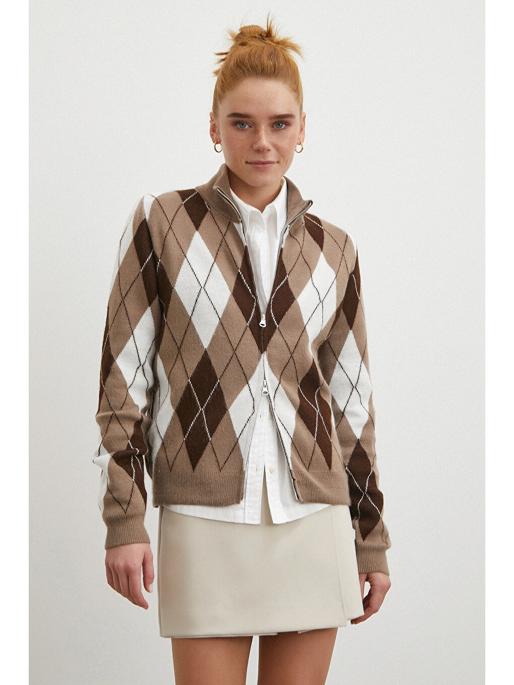 Karışık Fermuarlı Baklava Desen Kazak Kahve-2