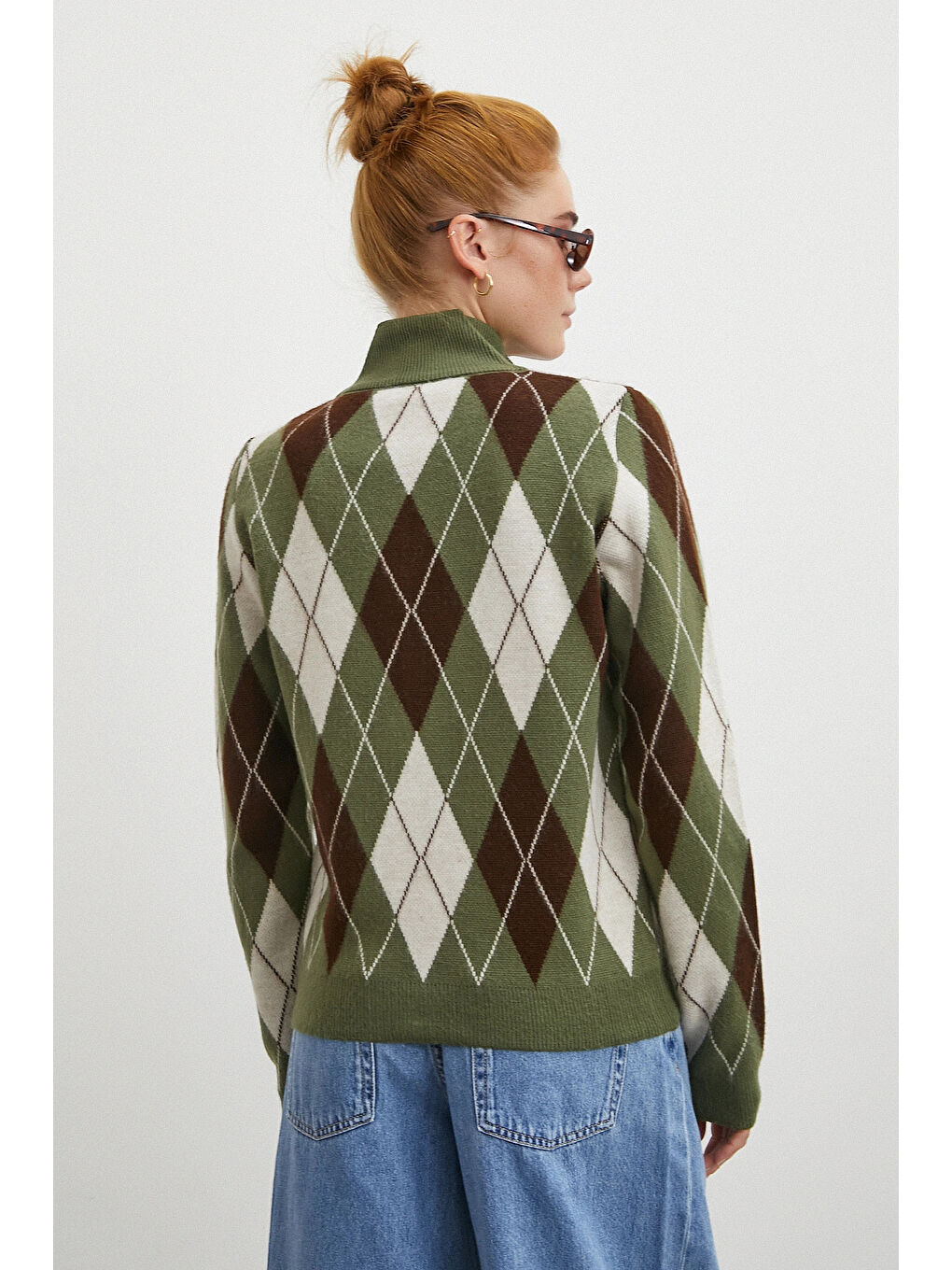 Fermuarlı Baklava Desen Kazak Yeşil-5