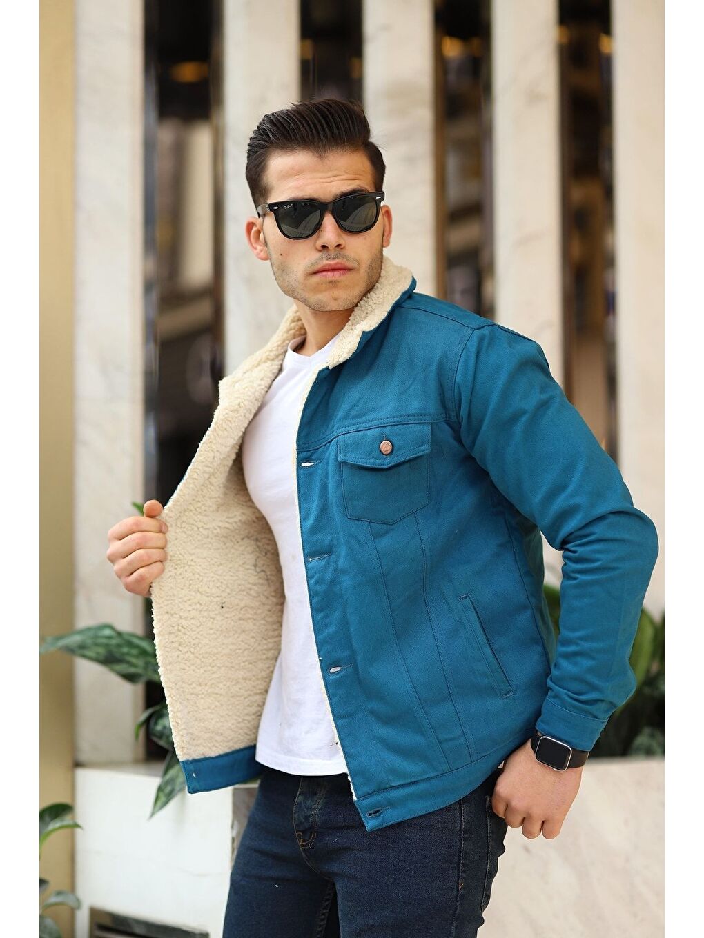 Erkek Trend Kışlık Içi Kürklü Jean Ceket Bej Açık Mavi-3