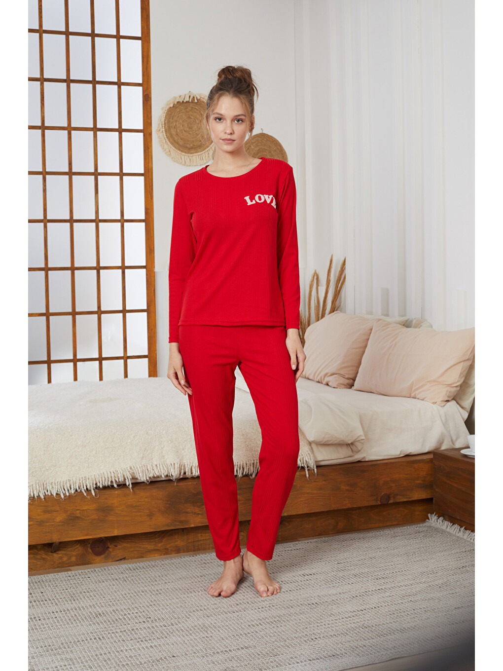 Kırmızı Love Nakışlı Fitilli Örme Pijama Takım25226001-1