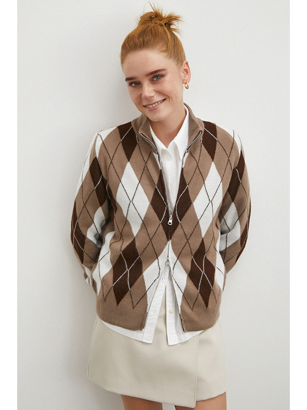 Karışık Fermuarlı Baklava Desen Kazak Kahve-3