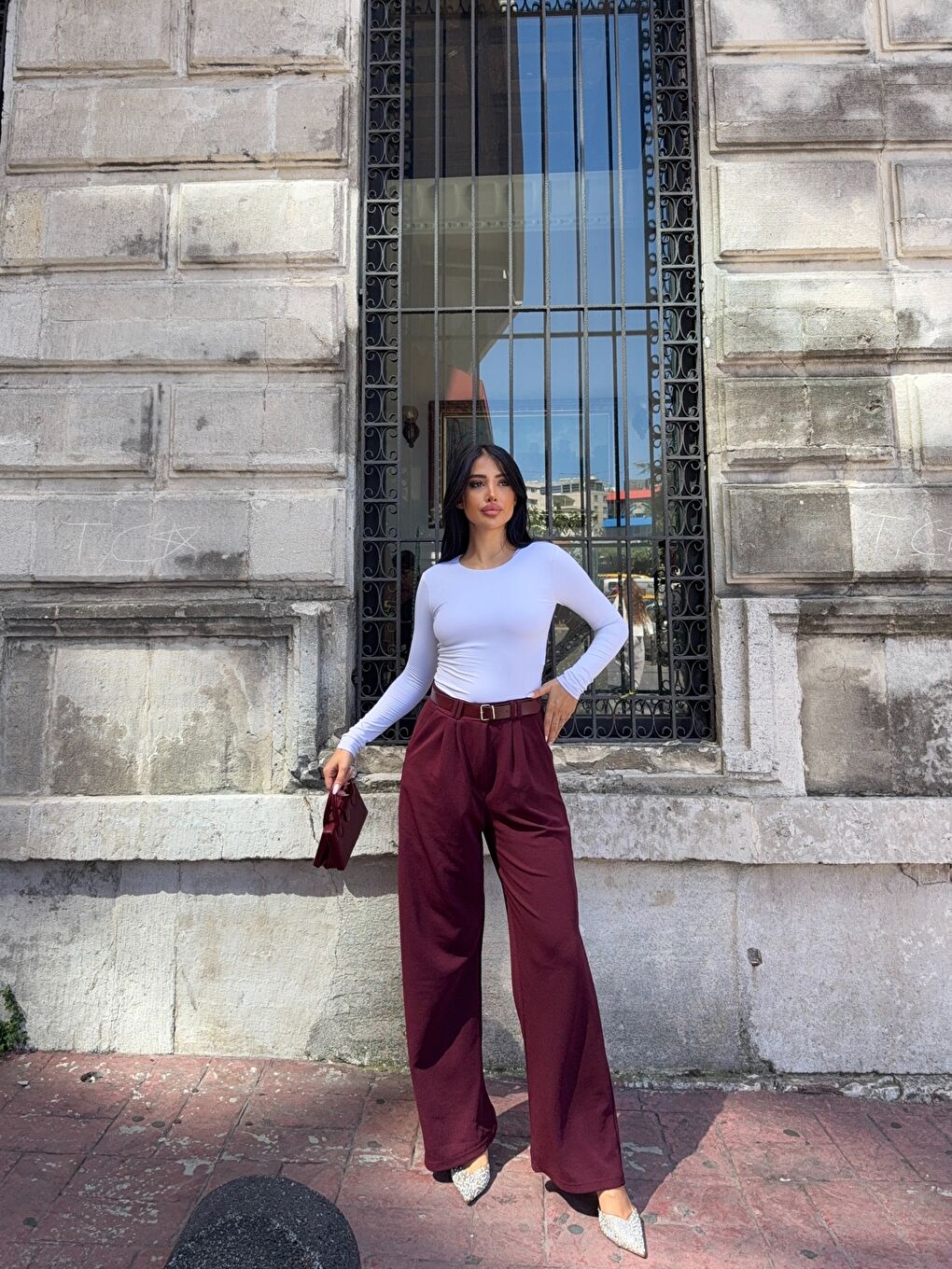 Bordo Kemerli Çift Pile Detay Palazzo Pantolon