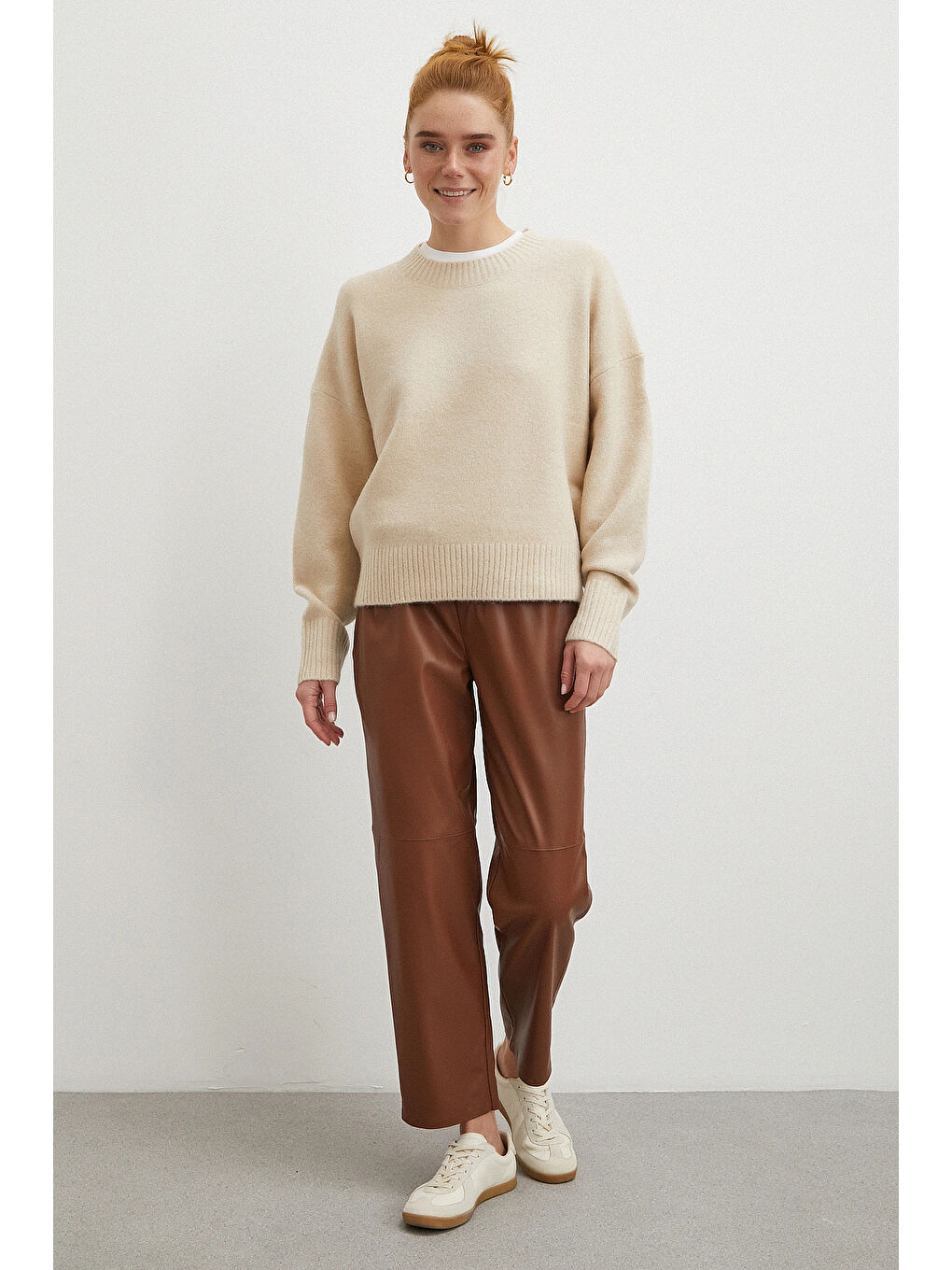 Karışık Bağcıklı Deri Pantolon Kahve-1