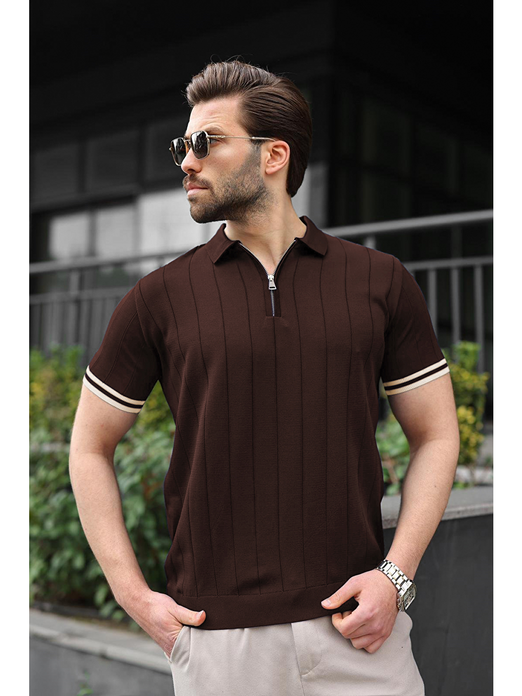 Erkek Kahverengi Polo Yaka Fermuarlı Tişört 6876