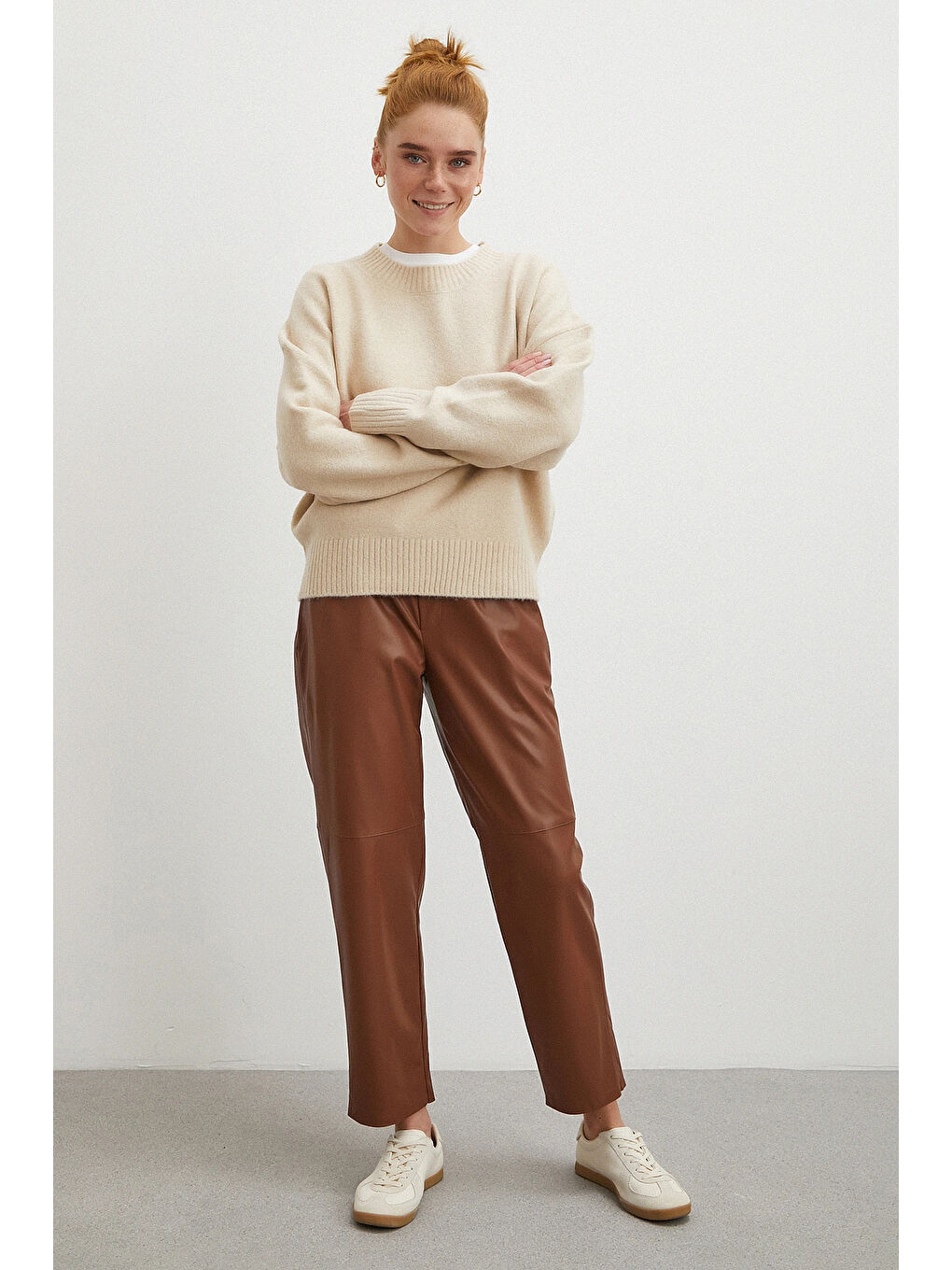 Karışık Bağcıklı Deri Pantolon Kahve-2