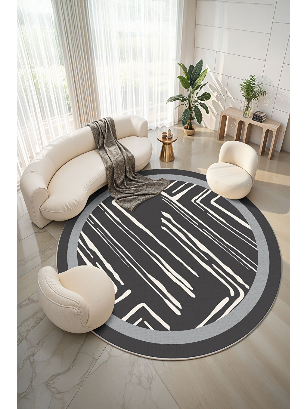 Gri Dekoratif Salon Halısı, Makinada Yıkanabilir, Kaymaz Taban, İnce & Modern Tasarım-4