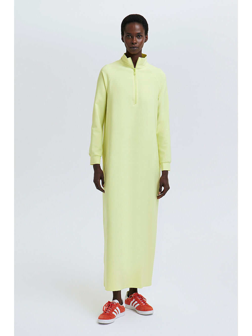 Sarı Fermuarlı Krep Elbise-1