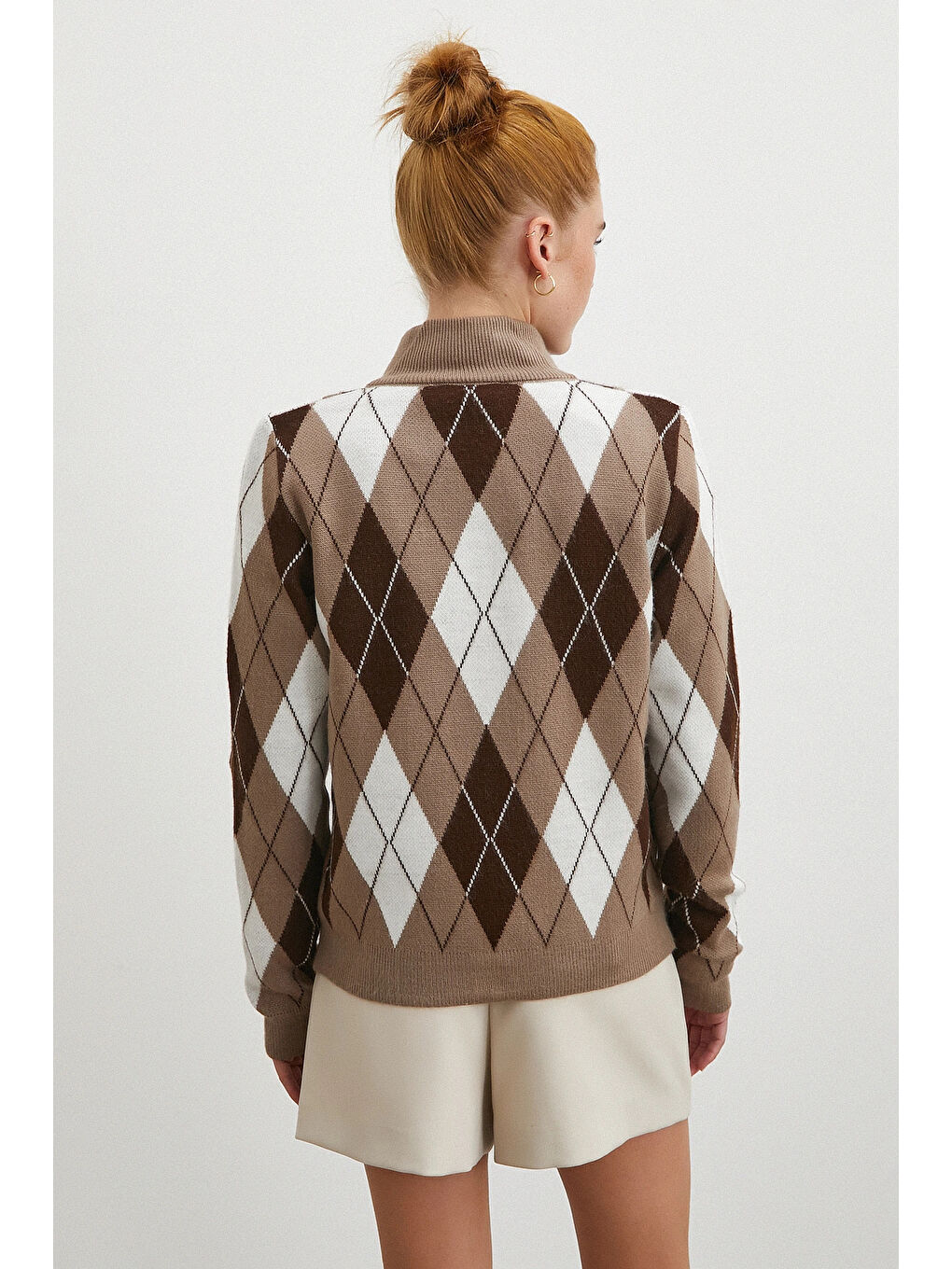 Karışık Fermuarlı Baklava Desen Kazak Kahve-5