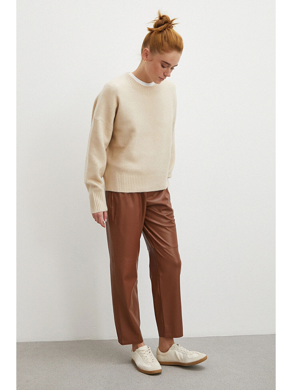 Karışık Bağcıklı Deri Pantolon Kahve-3