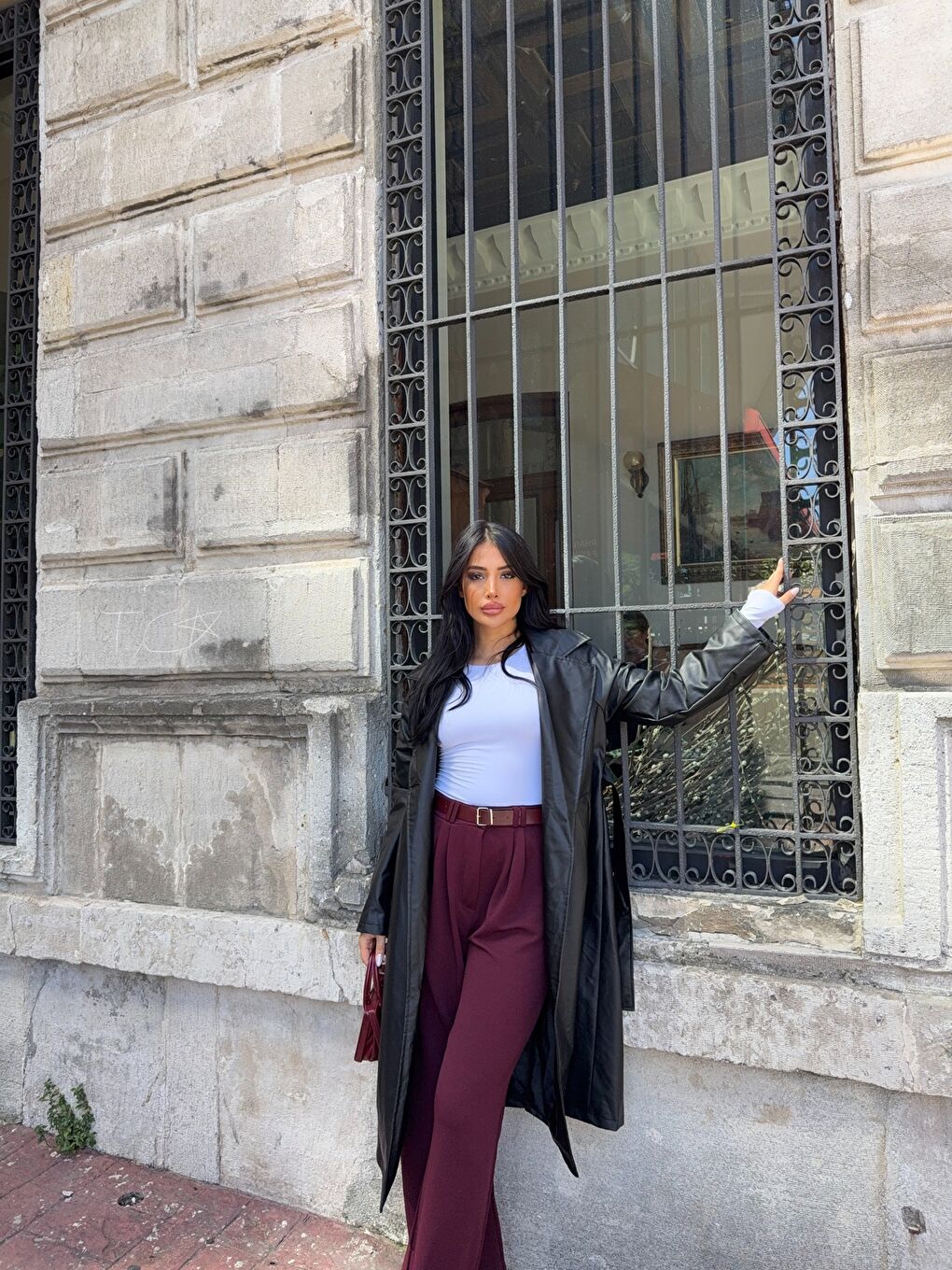 Siyah Kuşaklı Uzun Deri Pardösü-1