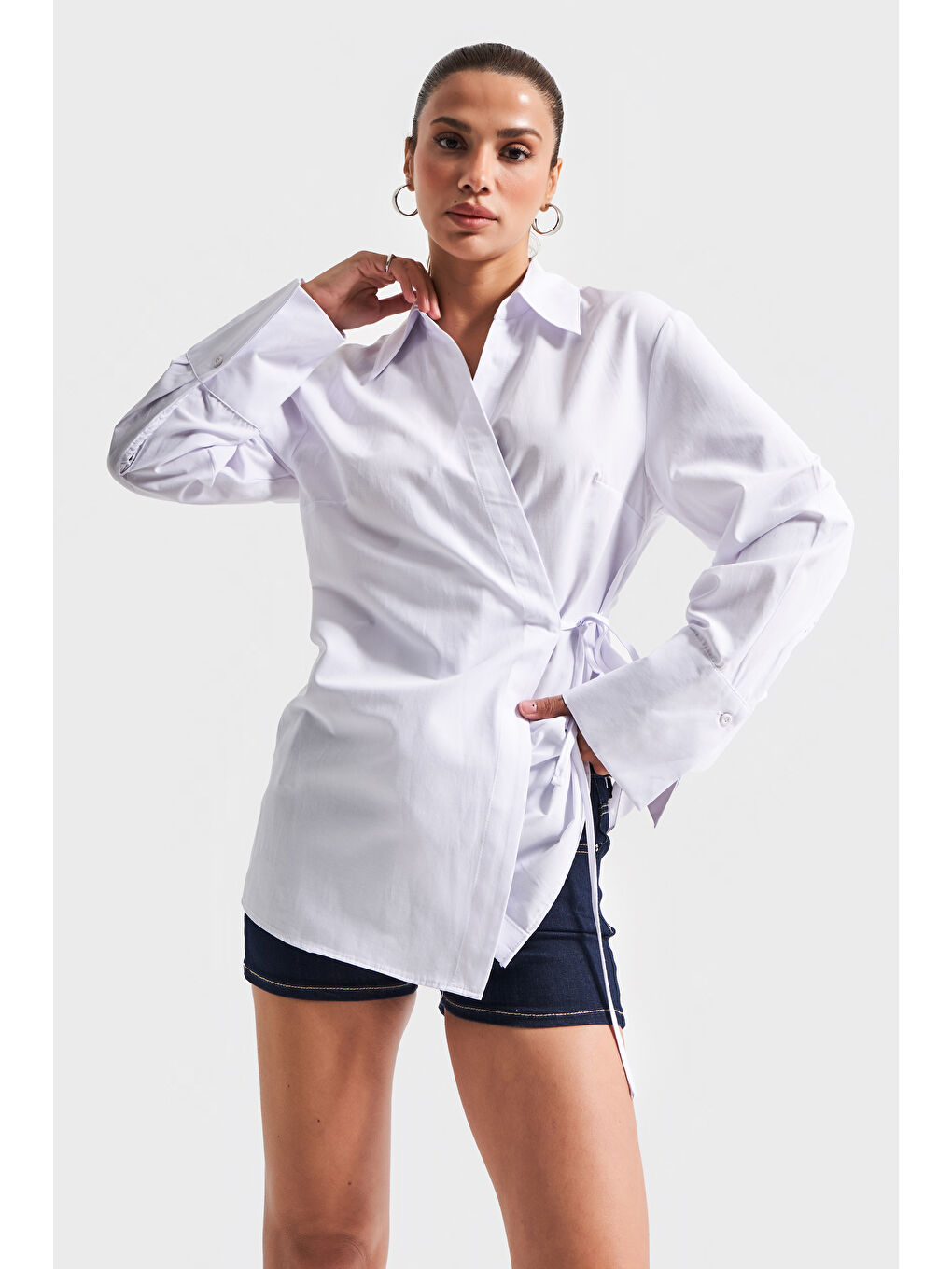 Kadın Beyaz Renk s5-2 Yandan Bağlamalı Maxi Uzun Boy Oversize %100 Pamuk Gömlek