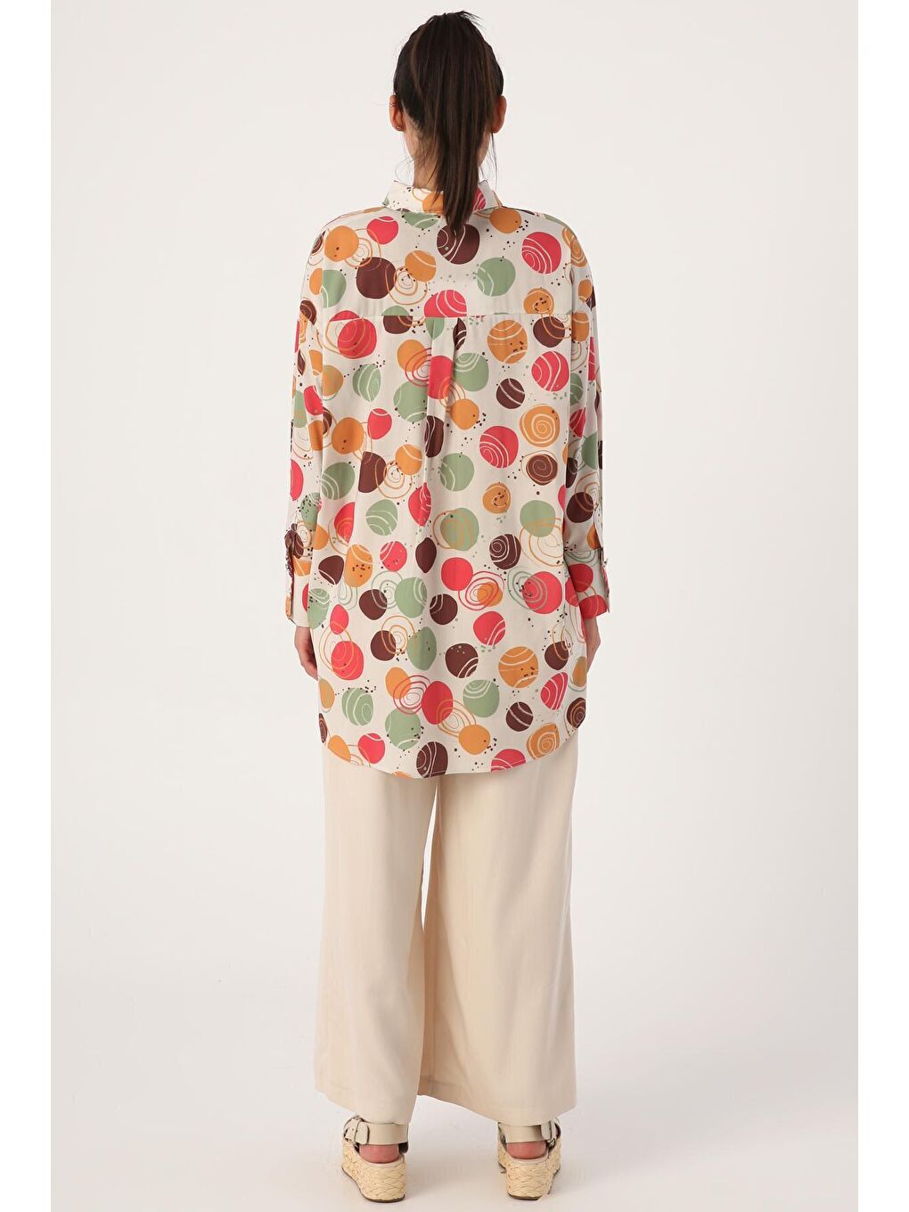 Bej-Yeşil %100 Pamuk Gizli Patlı Oversize Desenli Gömlek Tunik-3