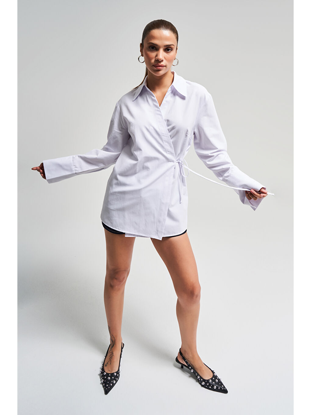 Kadın Beyaz Renk s5-2 Yandan Bağlamalı Maxi Uzun Boy Oversize %100 Pamuk Gömlek-2