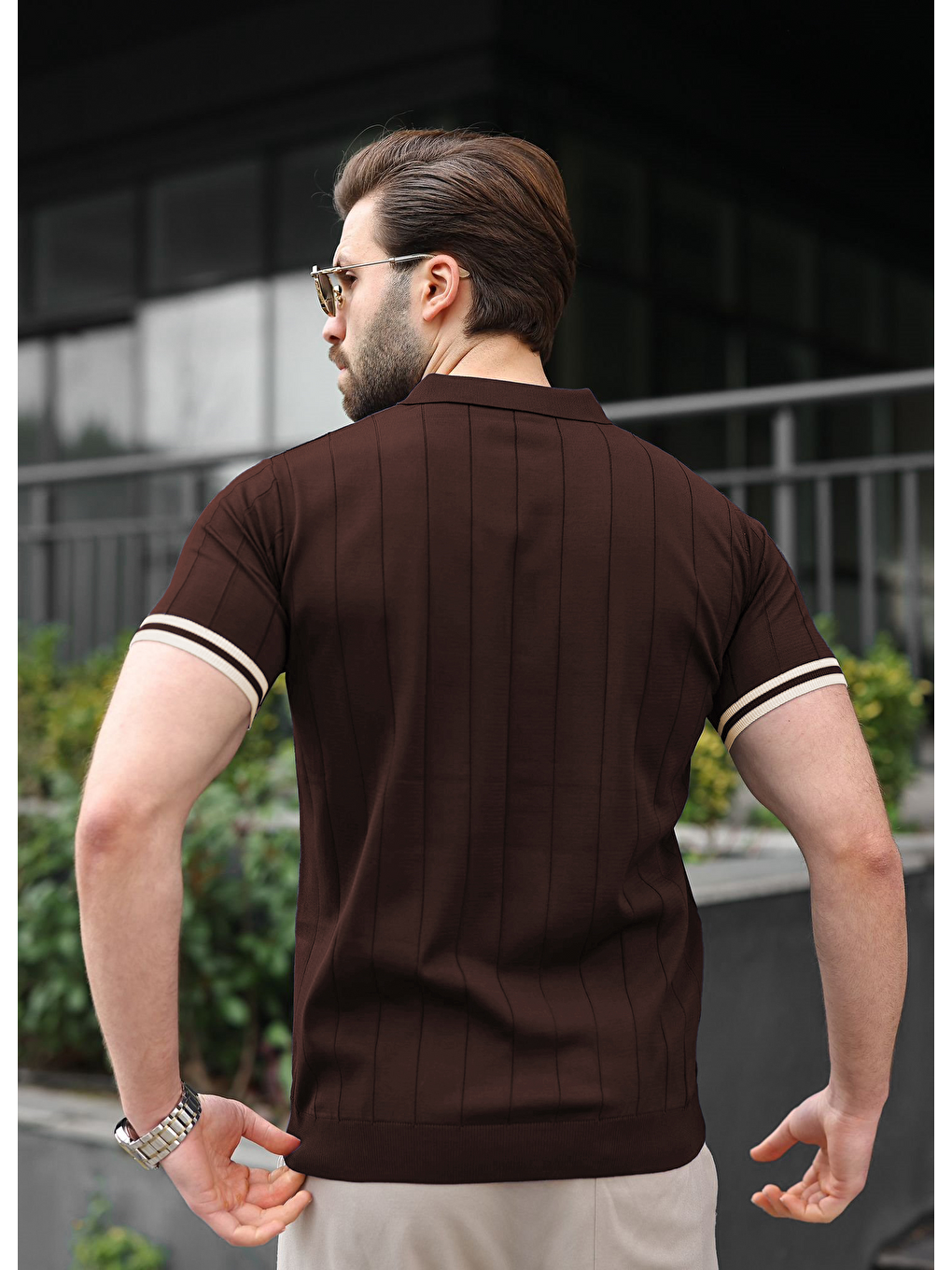 Erkek Kahverengi Polo Yaka Fermuarlı Tişört 6876-1