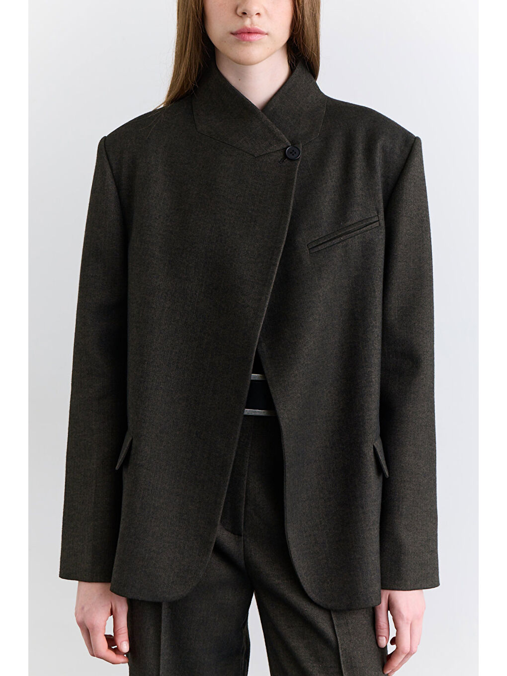 Yüksek Yaka Blazer Ceket Haki-2