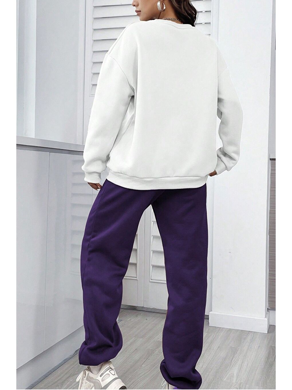 Unisex Mor Beyaz Bisiklet Yaka California Baskılı Alt-Üst Eşofman Takımı-1