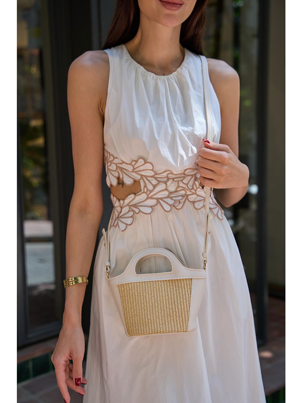 Ekru Mini Hasır Detaylı Çapraz Çanta Krem Hasır-2