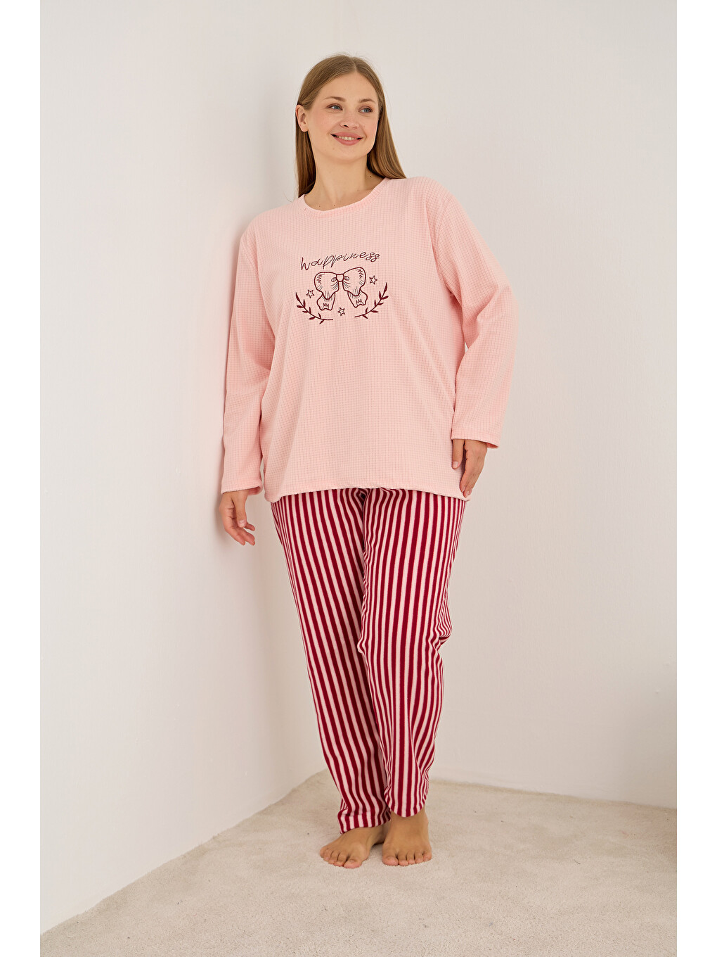 Pembe Somon Çizgili Fiyonk Nakışlı Büyük Beden Polar Kışlık Waffle Örme Pijama Takım-1