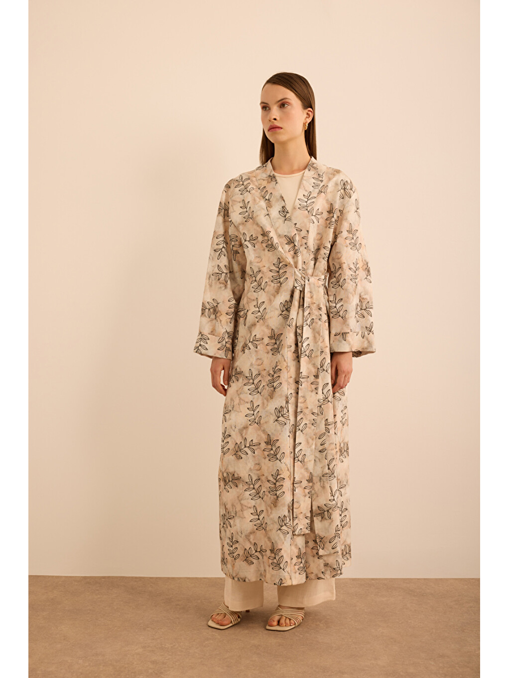 Ekru Yaprak Desenli Keten Yandan Bağlamalı Kimono-1