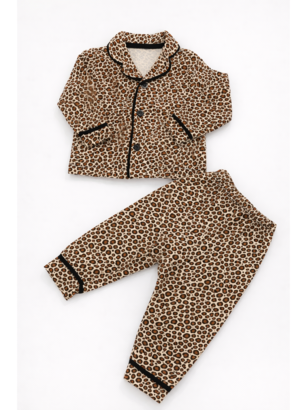 Kahverengi Kız Bebek Çocuk Leopar Desenli Pijama Takımı Gömlekli Pamuklu