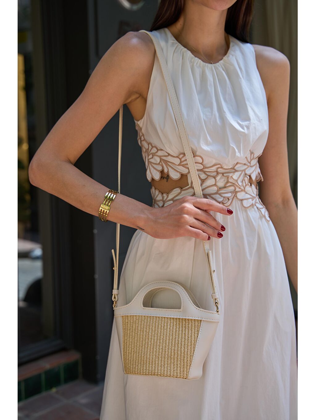 Ekru Mini Hasır Detaylı Çapraz Çanta Krem Hasır-4