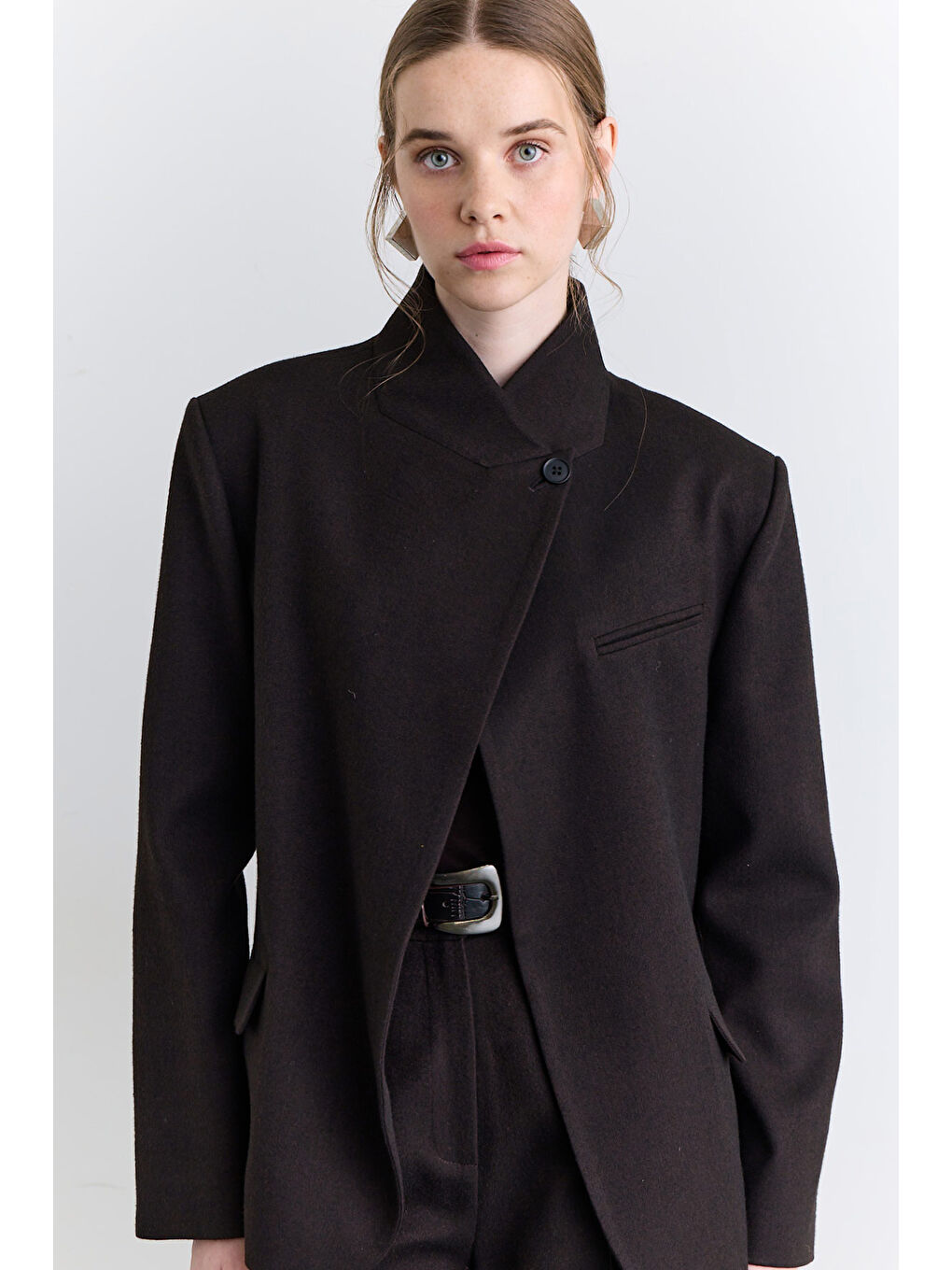 Yüksek Yaka Blazer Ceket Kahverengi