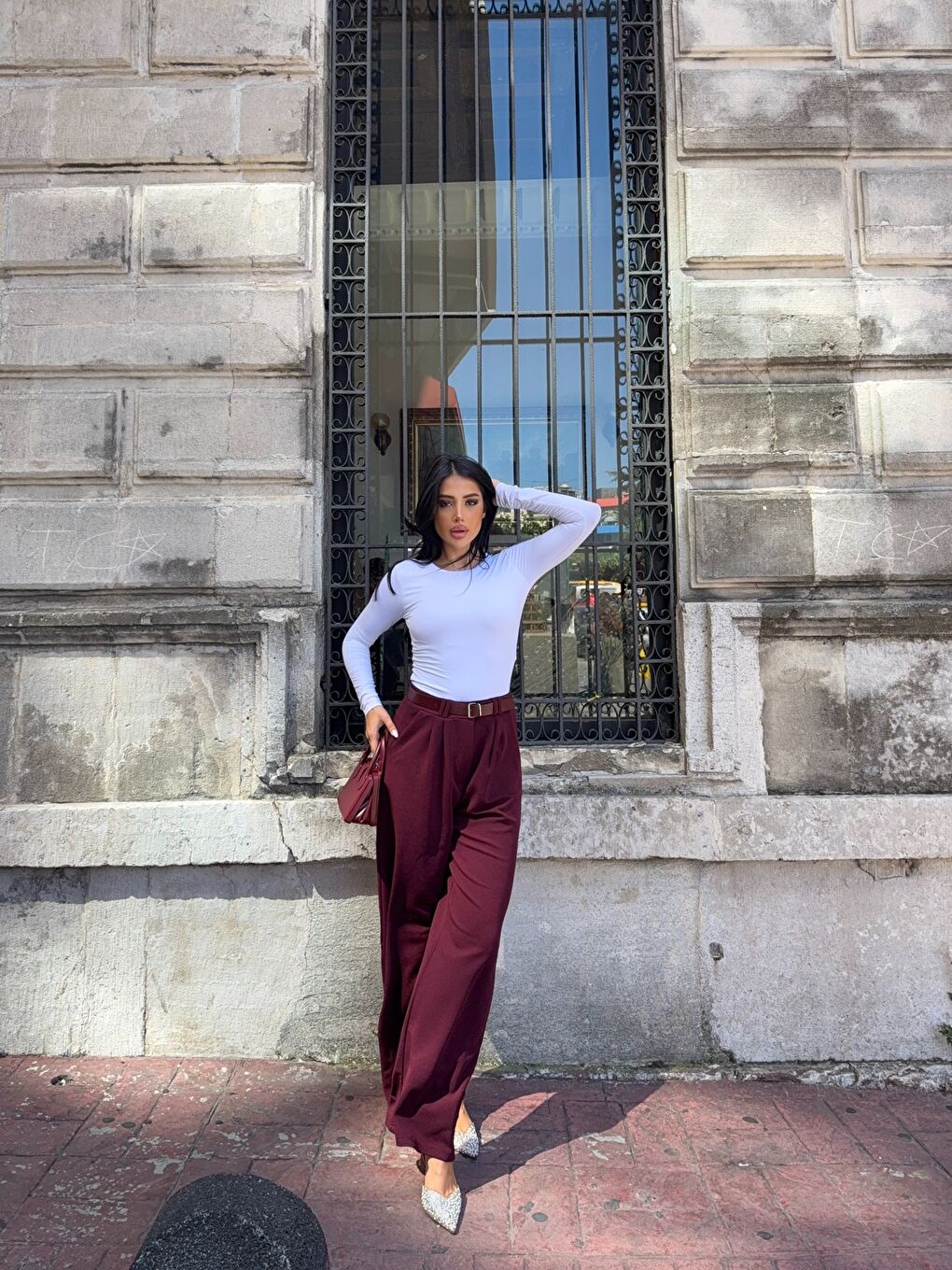 Bordo Kemerli Çift Pile Detay Palazzo Pantolon-1