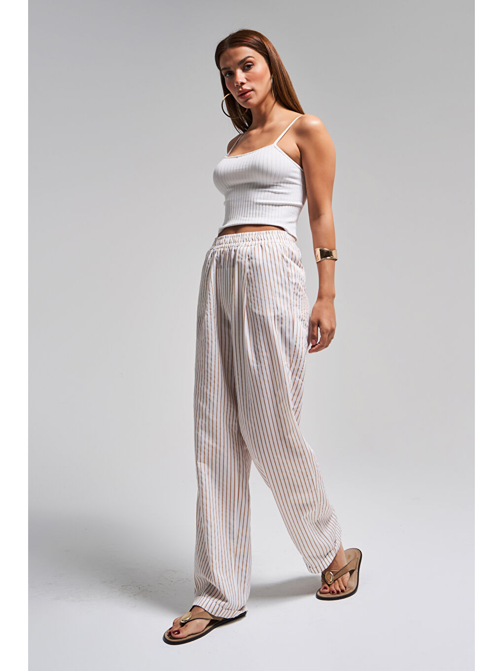 Kahverengi Kadın Kahve Ekru Çizgili Renk s5-57 Rahat Kesim Pamuk Kumaş Beli Lastikli Pantolon-1