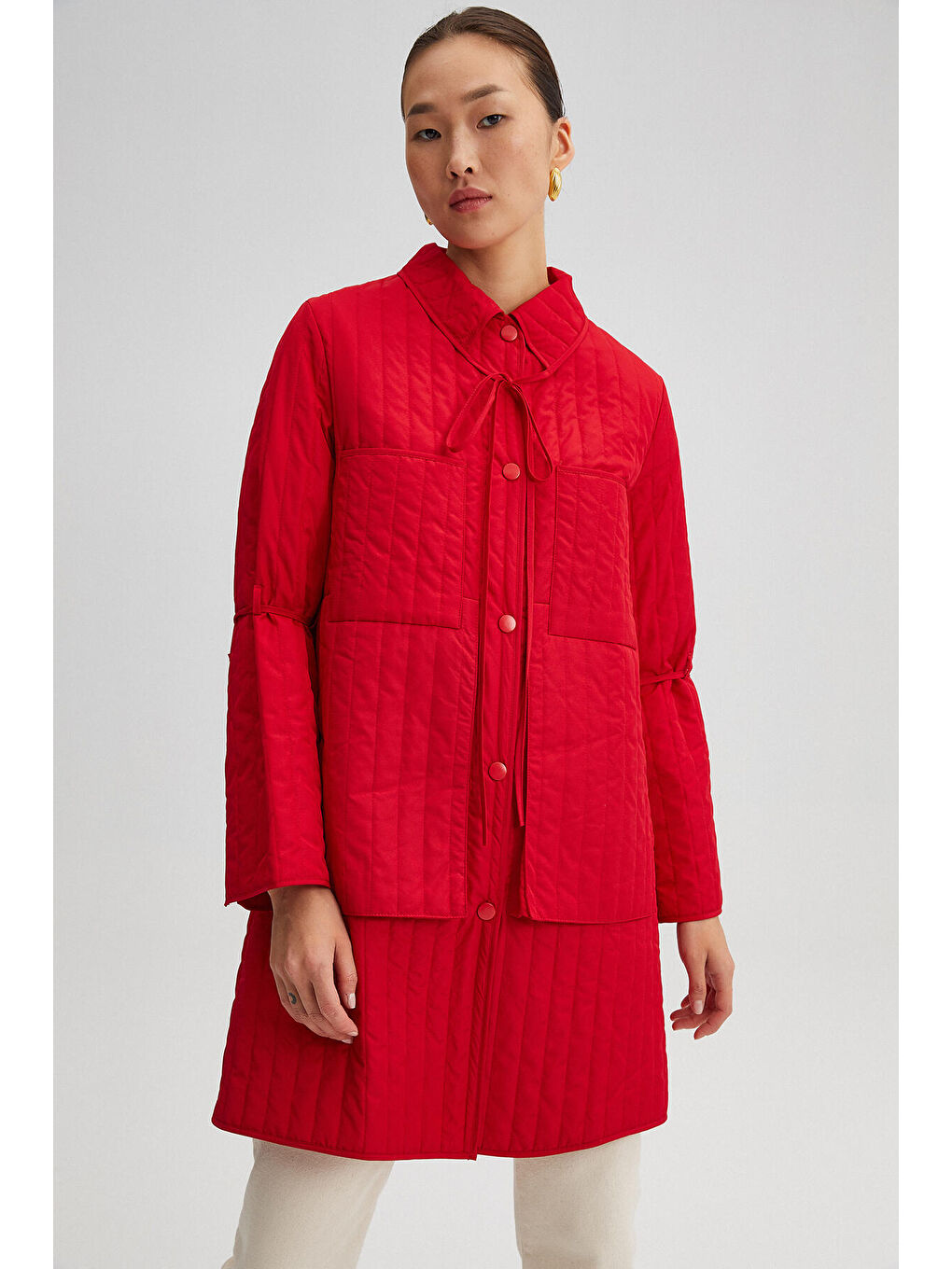 Kırmızı Kapitone İnce Ceket