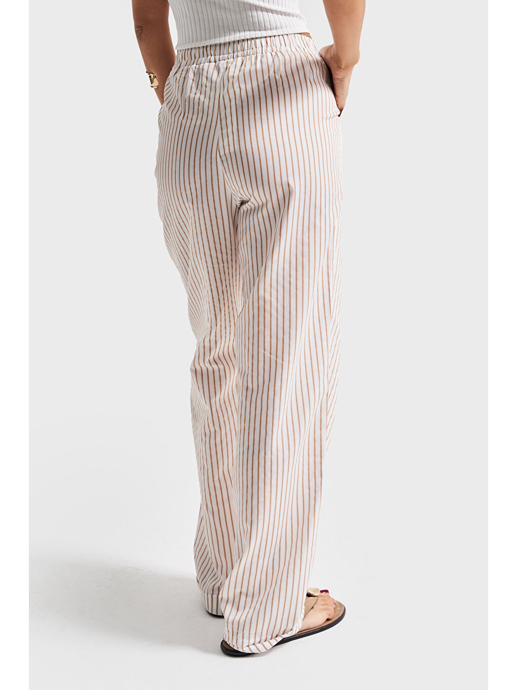Kahverengi Kadın Kahve Ekru Çizgili Renk s5-57 Rahat Kesim Pamuk Kumaş Beli Lastikli Pantolon-2