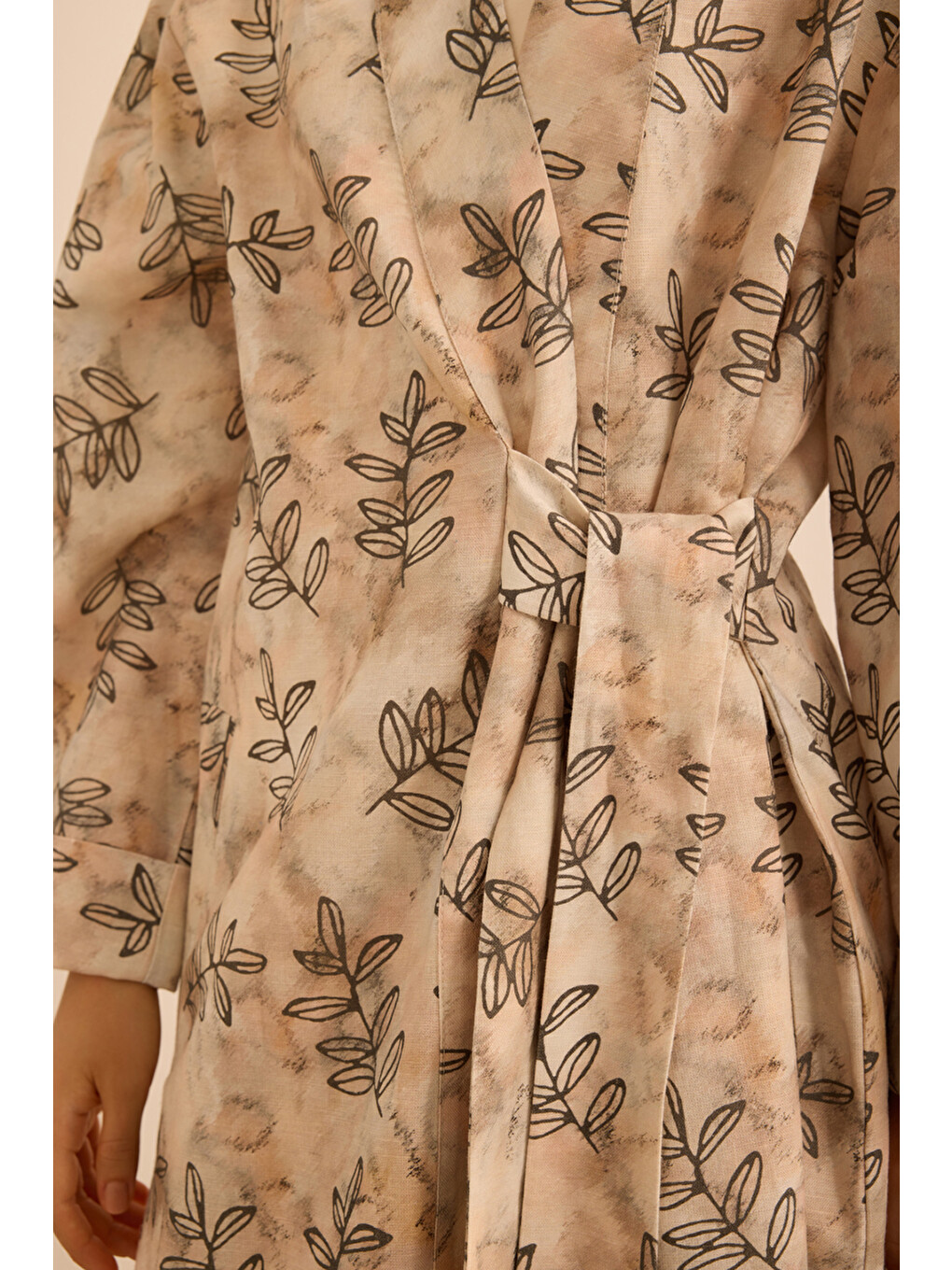 Ekru Yaprak Desenli Keten Yandan Bağlamalı Kimono-4