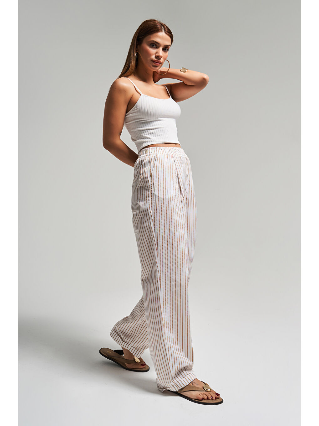 Kahverengi Kadın Kahve Ekru Çizgili Renk s5-57 Rahat Kesim Pamuk Kumaş Beli Lastikli Pantolon-3